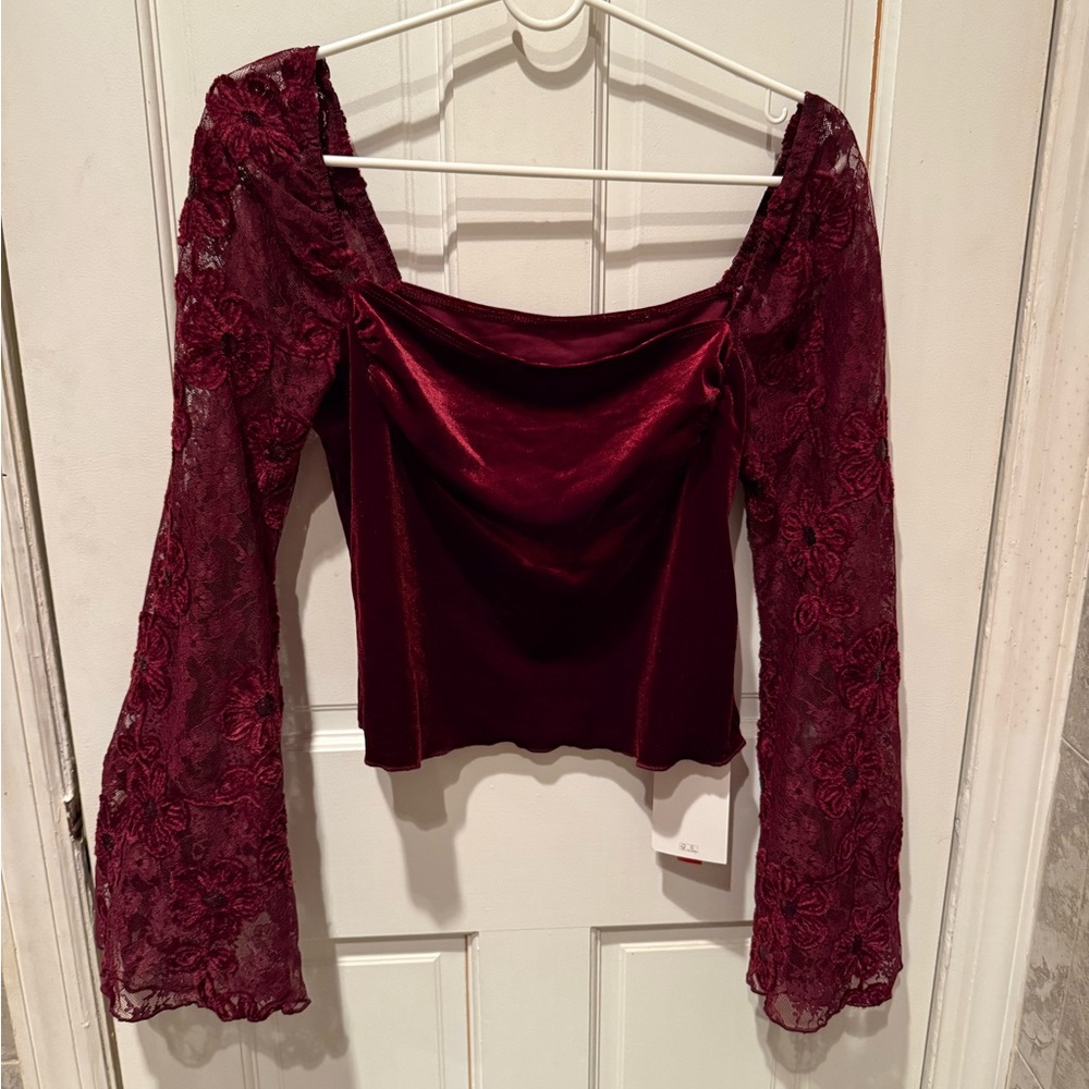 Cider Burgundy Velvet Off-Shoulder Crop Top with Lace Sleeves